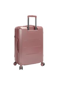 Roségoldenes Gepäckstück mit hartem Gehäuse, ausgestattet mit einer strukturierten Oberfläche, einem ausziehbaren Griff und vier 360-Grad-Rädern für einfache Mobilität.