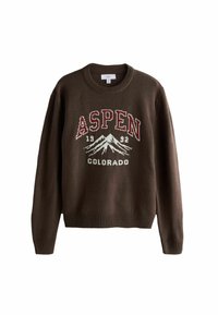 Brązowy sweter z dzianiny z grafiką „ASPEN 1992 COLORADO”, białym wzorem górskim, prążkowanym dołem i mankietami. Casualowy krój z okrągłym dekoltem.