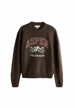 Brūns adīts krekls ar "ASPEN 1992 COLORADO" grafiku, baltu kalnu dizainu, ribinātu apakšmalu un piedurknēm. Ikdienas piegriezums ar apaļu kakla izgriezumu.