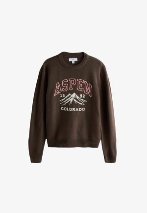 Pulover tricotat maro, cu grafică "ASPEN 1992 COLORADO", design cu munte alb, tiv și mânici cu canalé. Croială casual, cu guler rotund.