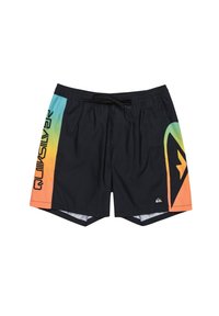Schwarze Badehose mit einem bunten Verlauf an der Seitenpartie von Aqua bis Orange, einem Logo am Bein und einem Kordelzug in der Taille.
