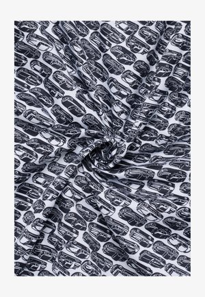 Tissu blanc noué au centre avec un motif noir répétitif représentant diverses silhouettes de voitures orientées dans différentes directions.