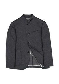 Dark gray jacket with a high collar, four buttons, front pockets, and a single chest pocket. Made from a textured, flexible fabric.