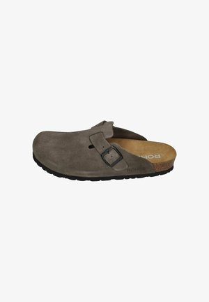 Brown suede slip-on clog with adjustable buckle strap, cork footbed, and black sole, designed for casual wear.