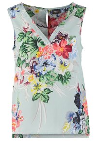 Bloemige mouwloze top in lichtblauw. Heeft een V-hals en een kleurrijke print van bloemen en bladeren. Soepele textuur, lichtgewicht stof.