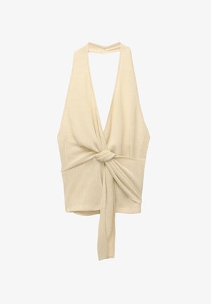 Kermas väkört top med djup V-ringning och twistad frontdetalj; lättvikts, med en texturerad yta och band i midjan.