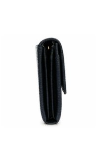 Billetera de cuero texturizado en color navy con múltiples compartimentos, diseño plegable y acabado suave; los detalles incluyen una sección con cremallera.