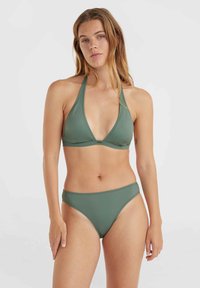 Olive green bikini set featuring a triangular halter top and low-rise bottoms, made of smooth, fitted fabric with minimalistic design.