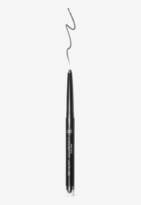 Black retractable eyeliner pencil with a smooth, pointed tip, featuring a twist mechanism and color-matching cap. Gray line drawn above.