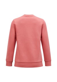 Różowy sweter z okrągłym dekoltem, długimi rękawami i prążkowanymi mankietami. Gładka tekstura, prosty design, brak widocznych ozdób lub wzorów.