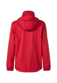 Giacca impermeabile rossa con cappuccio, polsini elasticizzati e una texture liscia. Presenta un taglio dritto e un design semplice senza chiusure visibili.