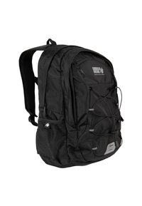 Black fabric backpack with adjustable shoulder straps, front zipper pocket, mesh side pocket, and elastic cord detailing on the front.