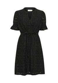 Rochie neagră cu decolteu în formă de V, mâneci scurte tip fluture, talie legată și un model floral din dantelă intricată pe toată țesătura.