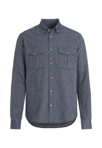 Camicia button-up a maniche lunghe di colore blu scuro, realizzata in tessuto testurizzato, con due tasche sul petto e un orlo curvo. Presenta bottoni silver.