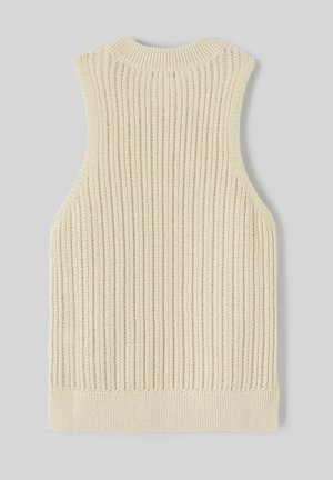 Un pull en maille sans manches de couleur beige clair avec des côtes verticales, un col rond et une texture douce. L'ourlet est fini par un poignet subtil.