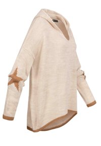 Beige knitted sweater with a hood, featuring a brown star on the left sleeve and brown hem accents. Loose fit with a v-neck design.