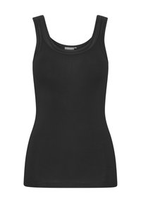 Top nero senza maniche con scollatura arrotondata e spalline larghe, realizzato in tessuto morbido, presenta un design aderente senza motivi o dettagli.