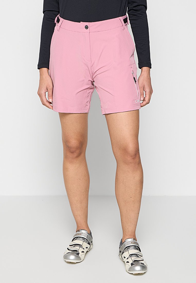 Rosa Shorts aus leichtem Stoff mit einer seitlichen Reißverschlusstasche, ausgestattet mit einem Knopfverschluss und Gürtelschlaufen. Entworfen für sportliche Aktivitäten.