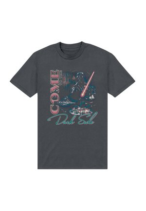 Mørkegrå T-shirt med Star Wars-tema, der viser Darth Vader, et rødt lyssværd, Dødsstjernen og teksten "Welcome to the Dark Side."