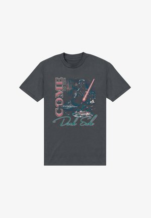 Maglietta grigio scuro a tema Star Wars con Darth Vader, una spada laser rossa, la Morte Nera e il testo "Benvenuti nel Lato Oscuro."