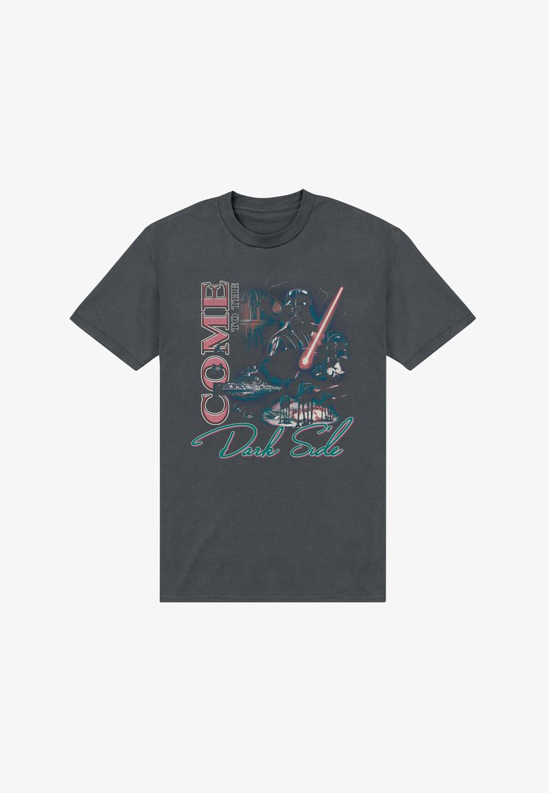 Dark gray T-shirt with Star Wars theme featuring Darth Vader, a red lightsaber, the Death Star, and text "Welcome to the Dark Side."