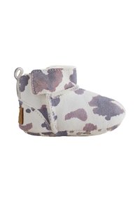 Booties pour filles en suède blanc doux avec imprimé vache violet et gris ; bout rond, bride auto-agrippante et languette au talon pour un enfilage facile.