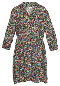 Blommig klänning med svart bakgrund och livfulla röda, blå och gröna blommor. Långa ärmar, knappstängning och plisserad midja.