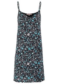 Schwarzes florales Slip-Kleid mit dünnen Trägern, verziert mit türkisfarbenen, weißen und grauen Blumen sowie einem wellenförmigen Saum für zusätzliche Details.