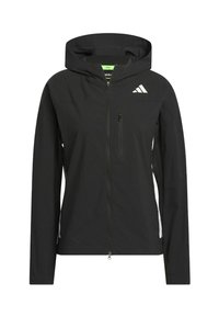 Μαύρο αθλητικό μπουφάν με κουκούλα, μπροστινό φερμουάρ και μια μικρή τσέπη με φερμουάρ. Διαθέτει λευκές λεπτομέρειες και υφή υφάσματος.