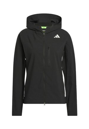 Μαύρο αθλητικό μπουφάν με κουκούλα, μπροστινό φερμουάρ και μια μικρή τσέπη με φερμουάρ. Διαθέτει λευκές λεπτομέρειες και υφή υφάσματος.