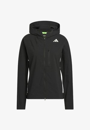 Giacca sportiva nera con cappuccio, zip frontale e una piccola tasca con zip. Presenta accenti bianchi e un design in tessuto testurizzato.