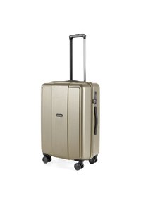 Harde koffer, metallic gouden kleur, stevige buitenkant, uitschuifbare handgreep, vier zwarte wielen, combinatie-slot, verticale groefontwerp.