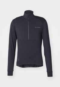 Meeste tumesinine neljandik-zipp pullover, valmistatud siledast kangast, millel on pikad varrukad, kõrge krae ja minimalistlikud logo aktsendid.