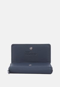 Marineblaue Geldbörse aus glattem Leder mit einem Druckknopfverschluss und eingeprägtem Text "Heute ist ein guter Tag" innen.