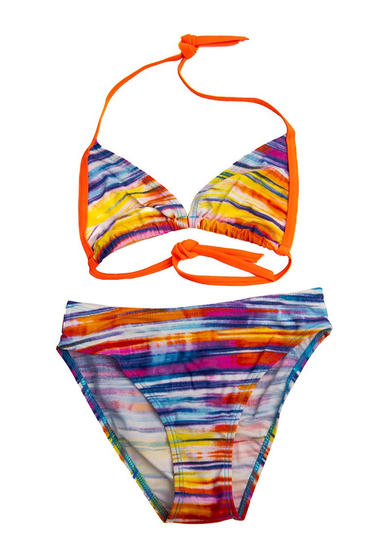 Zestaw bikini w wielokolorowy poziomy wzór w niebieskim, pomarańczowym, żółtym i różowym; posiada pomarańczowe wykończenia i sznurki.