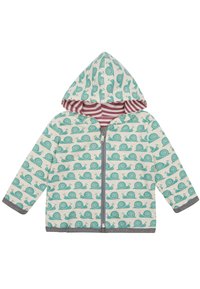 Giacca con motivo chiocciola, design teal su sfondo crema, rifiniture grigie e fodera con strisce rosa e bianche nel cappuccio. Chiusura frontale con zip.