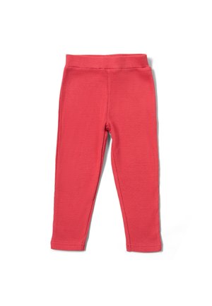 Red waffle-textured leggings with a fitted design and an elastic waistband. The material appears soft and stretchy, suitable for casual wear.