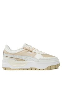 Sneaker beige e bianco con una superficie liscia e testurizzata, dotato di una suola spessa, design con lacci e dettaglio di branding laterale.