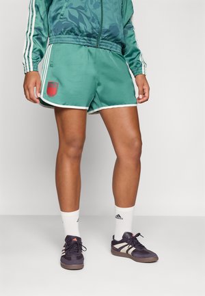 Shorts de sport verts avec bord blanc et logo "ITALIA" rouge. Stylés avec une ceinture élastique, accompagnés de chaussettes blanches et de chaussures sombres.