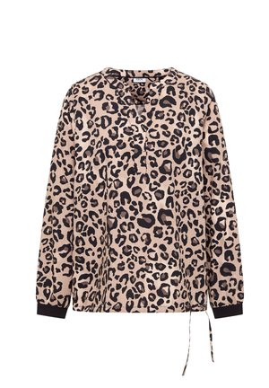 Blusa con stampa leopardata in beige e nero; presenta uno scollo a V, maniche lunghe e polsini elasticizzati con coulisse all'orlo.