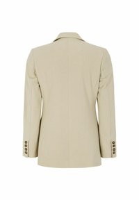 Béžový blazer s přiléhavým střihem, klopovým límcem a dlouhými rukávy. Obsahuje čtyři knoflíky na každém manžetě a hladkou, strukturovanou látku.