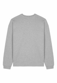 Felpa grigia con scollatura a girocollo, maniche lunghe, polsini e orlo a coste, realizzata in tessuto morbido, caratterizzata da un design semplice senza motivi o accenti.