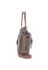 Borsa a spalla in tela verde oliva con tracolla in tessuto marrone. Presenta una chiusura con cerniera e hardware in metallo. Superficie testurizzata con un design minimale.