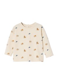 Cremelanges Langarmshirt aus weicher Baumwolle, mit verspielten Druckmotiven von braunen Tieren und blauen Hüten. Rundhalsausschnitt und lässige Passform.