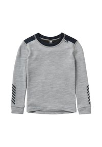 Šedá dlouhá mikina s dlouhým rukávem vyrobená z měkké tkaniny, s kulatým výstřihem, tmavě modrými akcenty na ramenech a diagonálními pruhovanými detaily na rukávech.