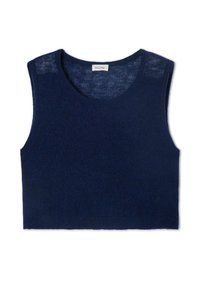 Granatowy, krótki bezrękawnik wykonany z miękkiego materiału dzianinowego, z okrągłym dekoltem i prążkowanym dołem. Lekki i lekko przezroczysty materiał.