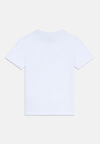 White cotton t-shirt, short sleeves, crew neckline, plain design with no patterns, smooth texture, and standard fit.