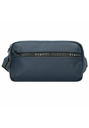 Navyblaue Nylon-Tasche mit glatter Textur, ausgestattet mit einem horizontalen Reißverschluss und einer metallischen "Bugatti"-Markierung auf der Vorderseite.
