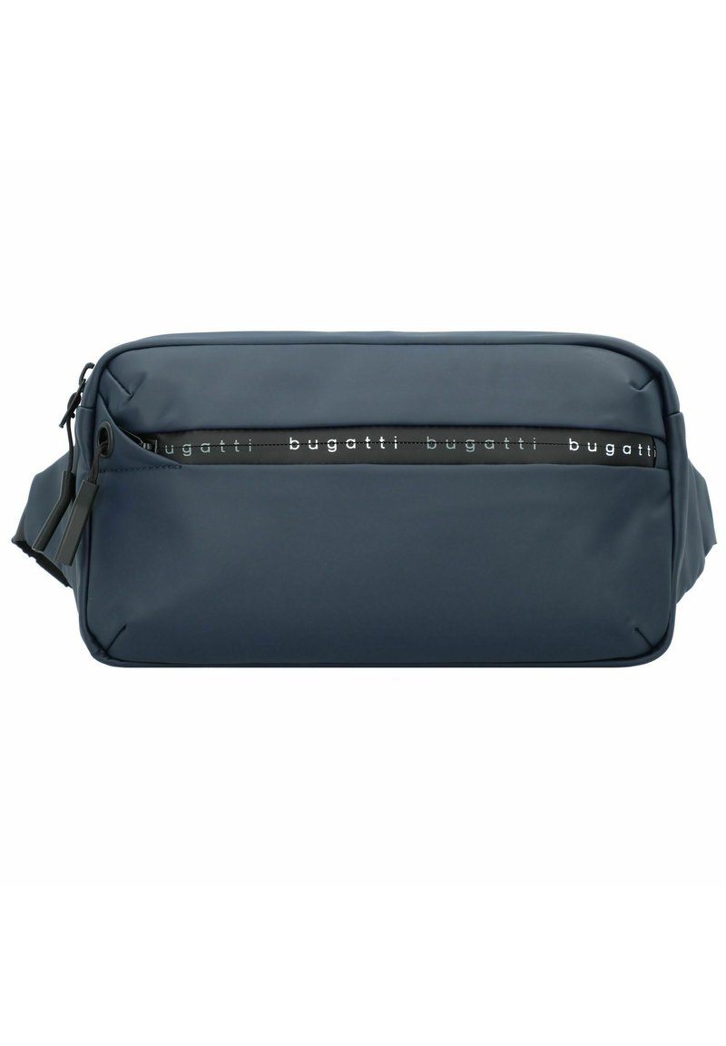 Navyblaue Nylon-Tasche mit glatter Textur, ausgestattet mit einem horizontalen Reißverschluss und einer metallischen "Bugatti"-Markierung auf der Vorderseite.
