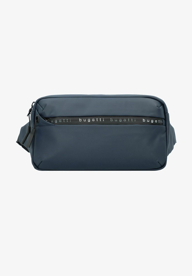 Navyblauwe nylon tas met een gladde textuur, voorzien van een horizontale rits en metallic "bugatti" branding aan de voorkant.